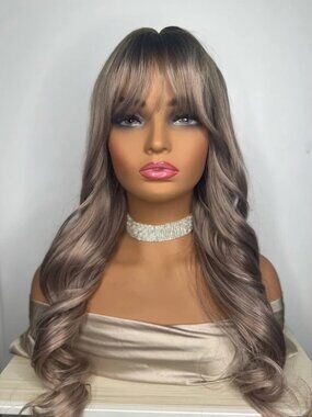 26” Long Wavy Synthetic Wig with Bangs – Ash Brown / Smoky Blonde Blend
